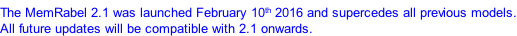 The MemRabel 2.1 was launched February 10th 2016 and supercedes all previous models. All future updates will be compatible with 2.1 onwards.
